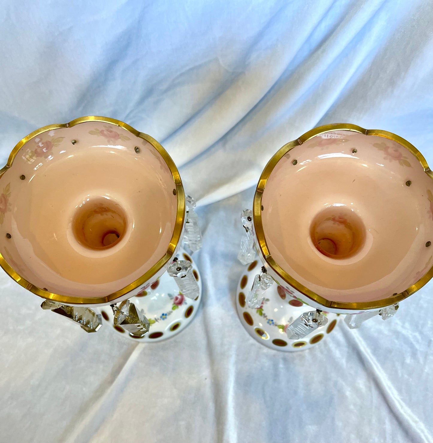 Victorian Art Glass Candlestick Lusters with Crystal Prisms
