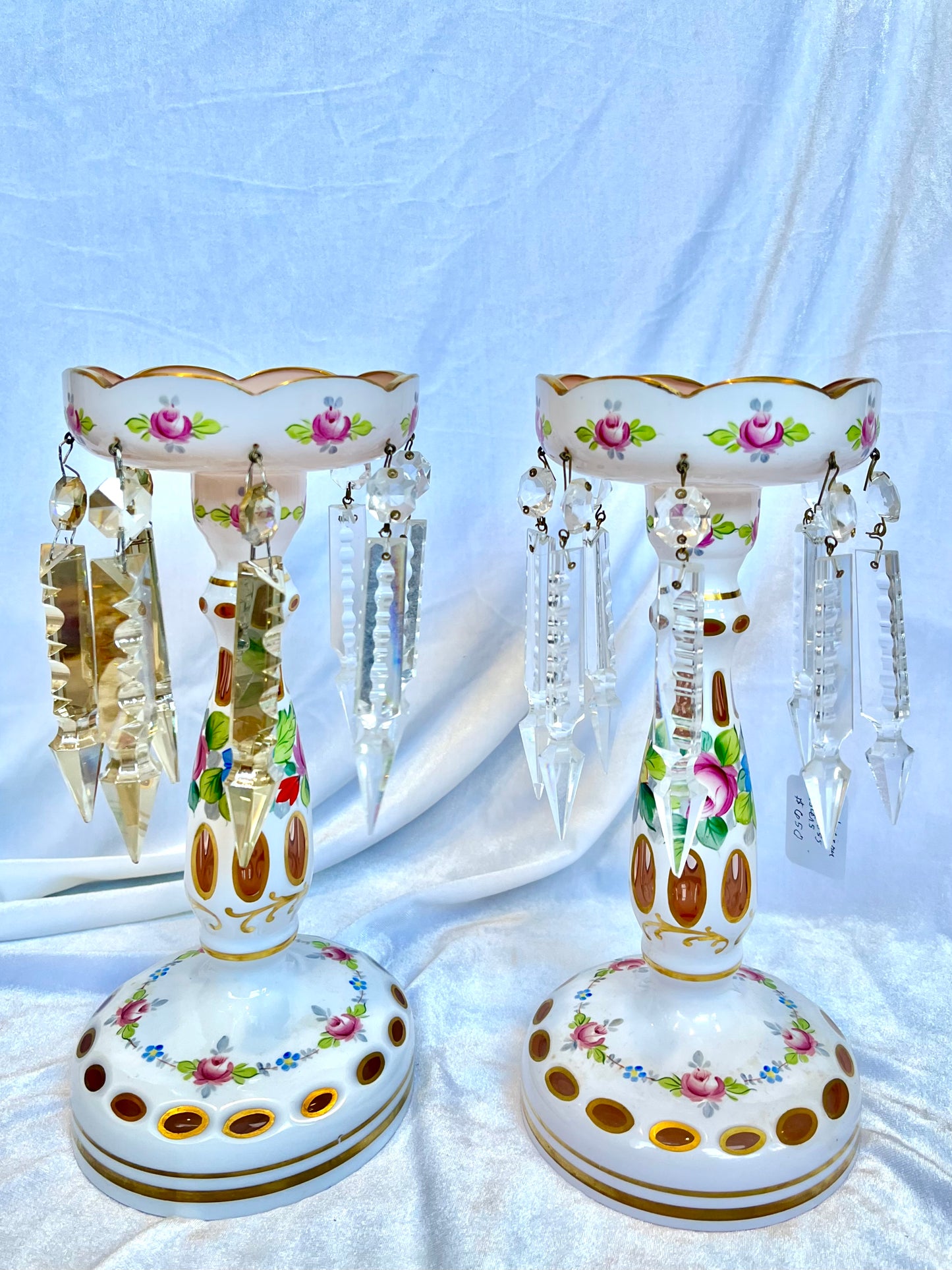 Victorian Art Glass Candlestick Lusters with Crystal Prisms