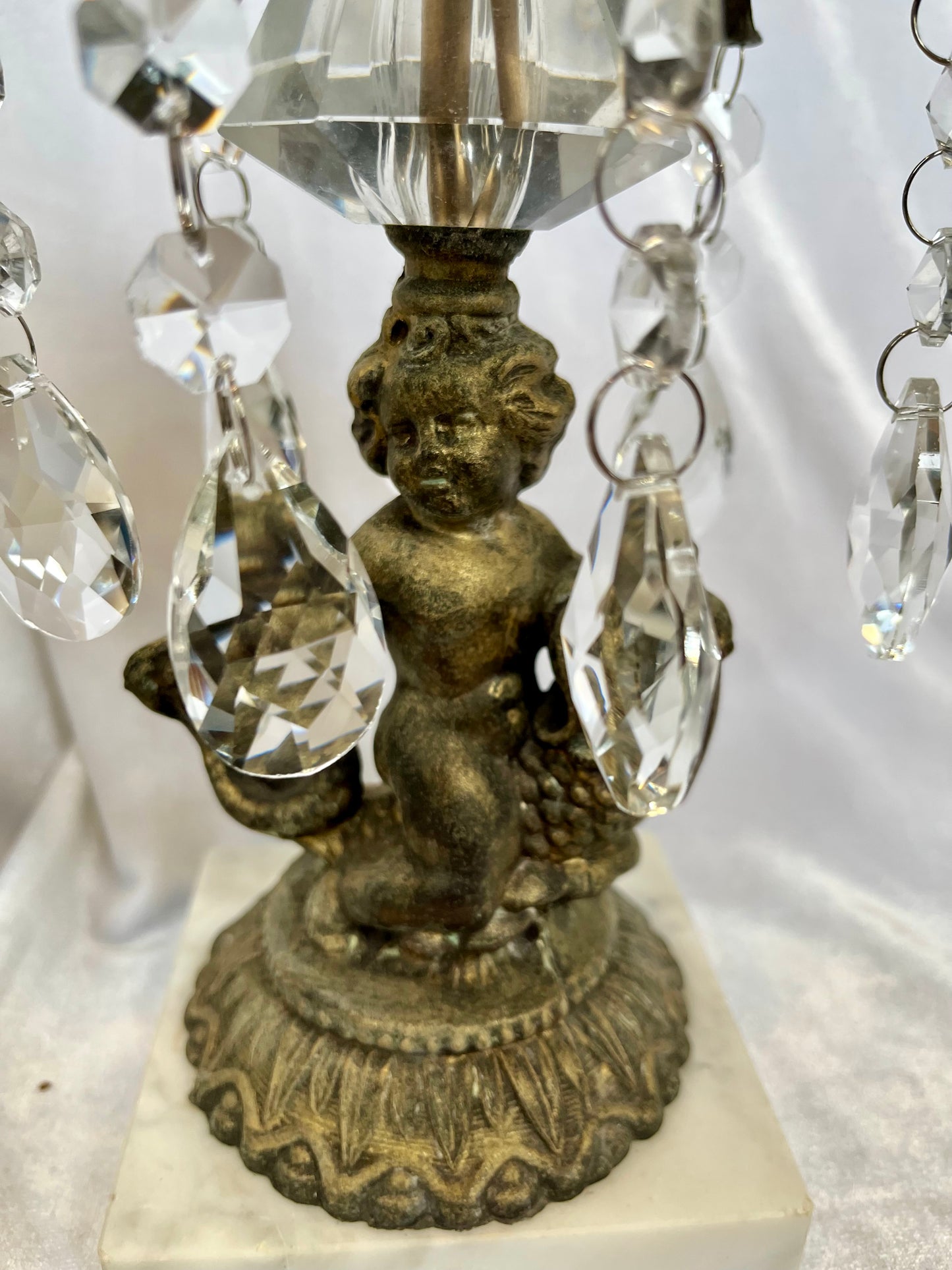 Pair 1950s Hollywood Regency Brass Cherub and Koi Candlabra