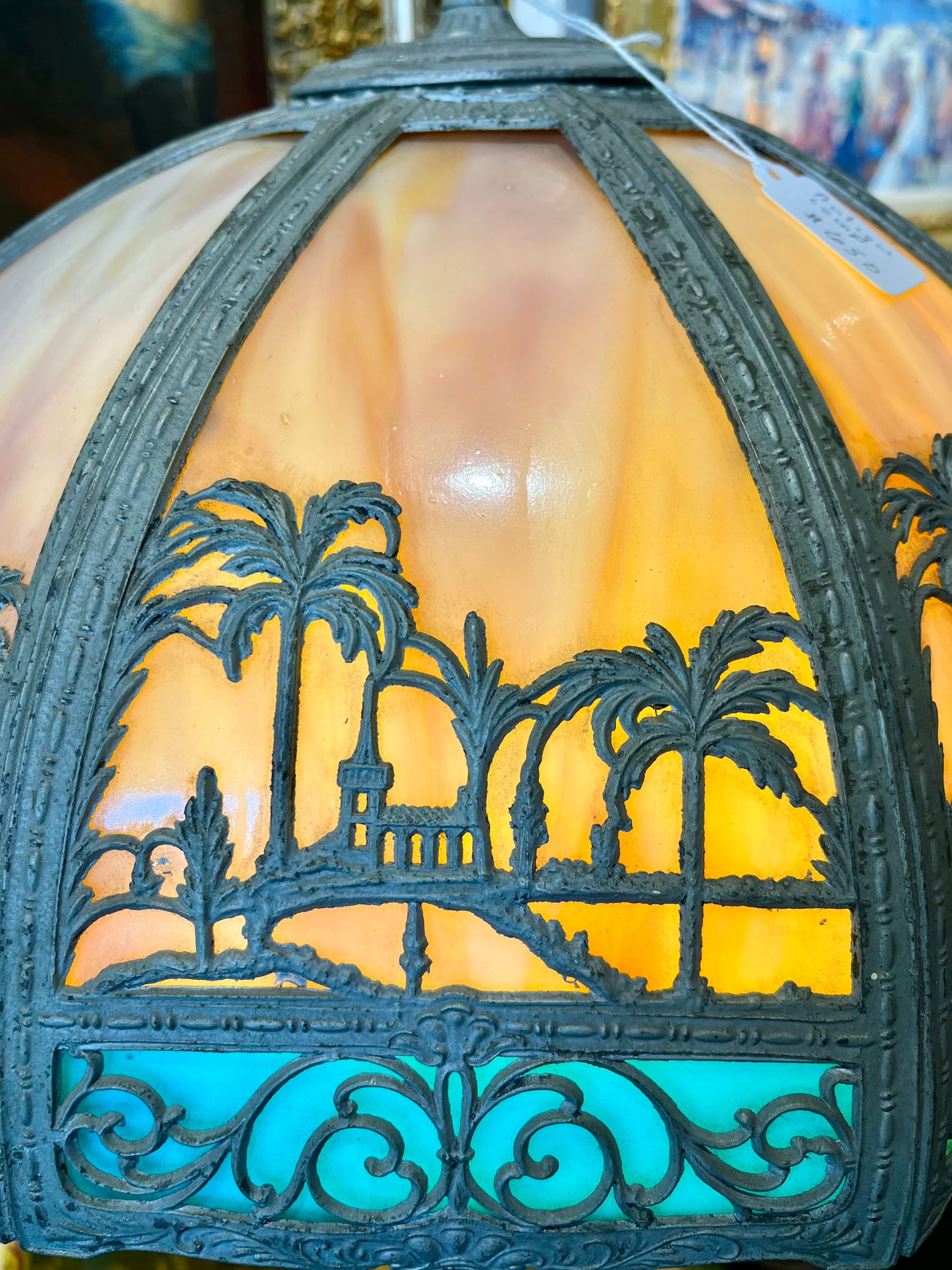 Antique Art Noveau Slag Glass Table Lamp with Palm Tree Shade