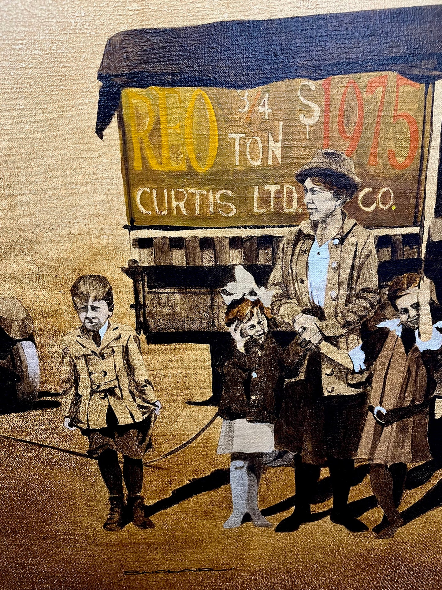 Photorealist 1970s Painting of Family and Car by Tony Sinclair