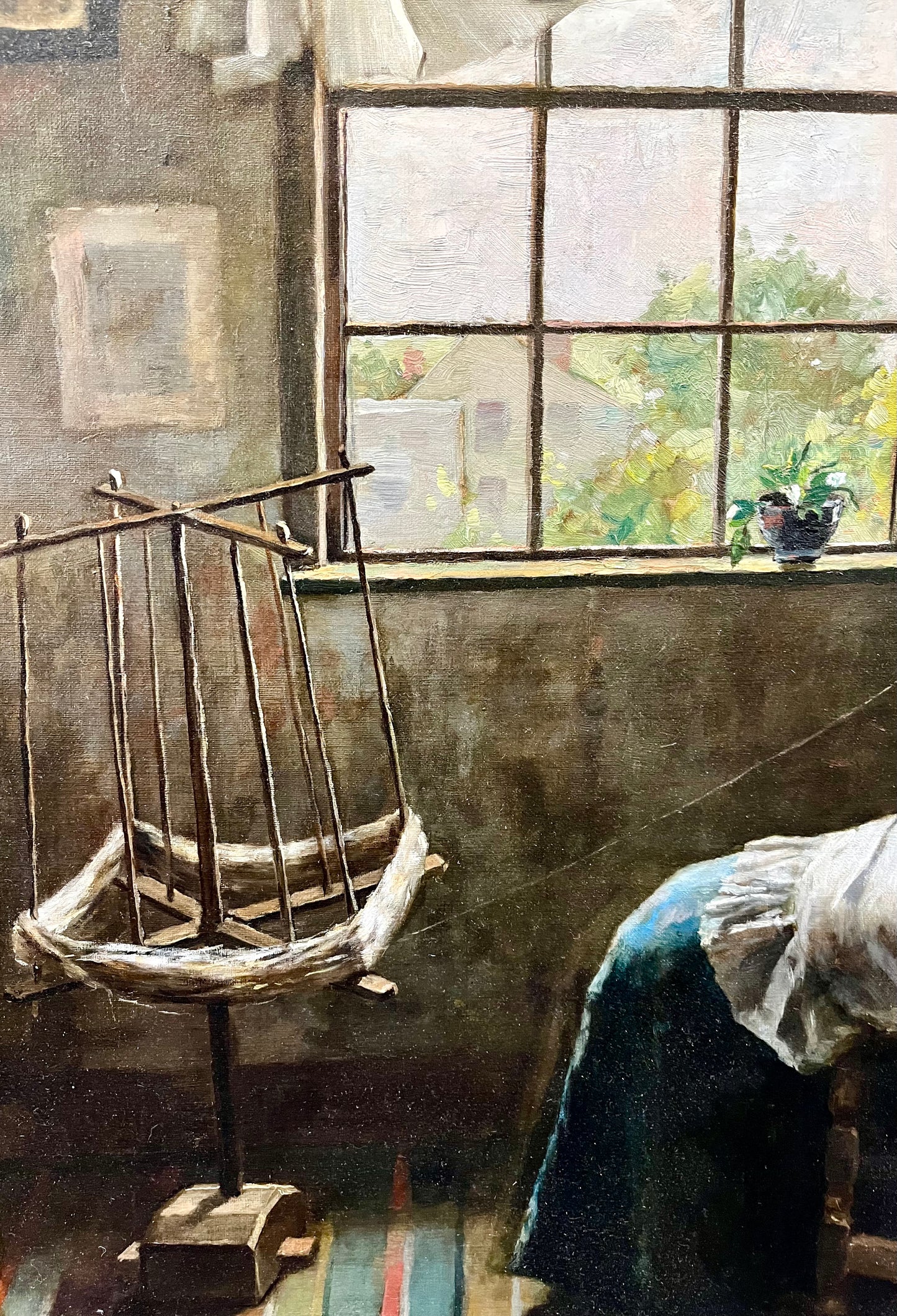 Clement Rollins Grant 19th Century Oil Painting of Woman with Yarn by Window