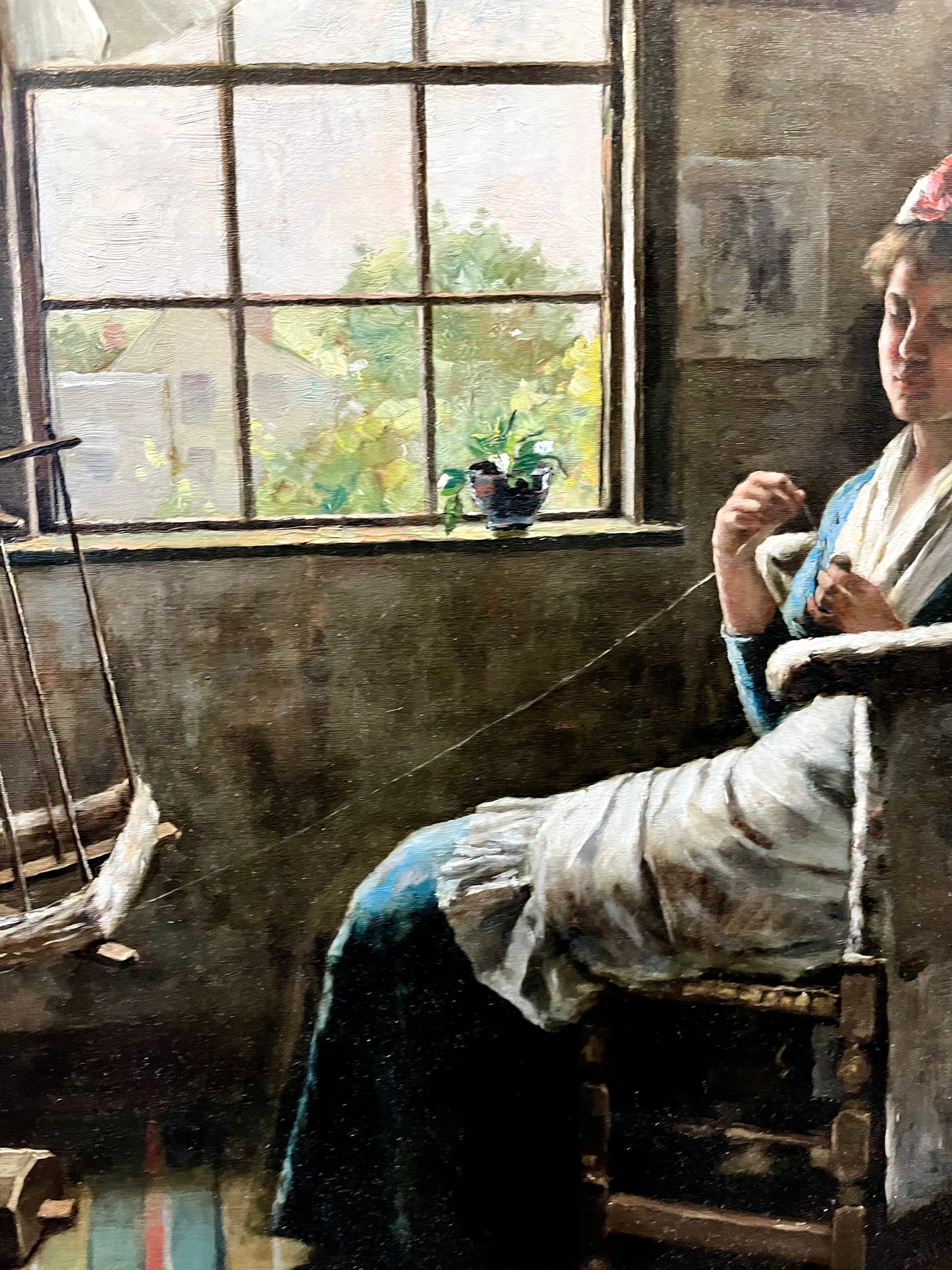 Clement Rollins Grant 19th Century Oil Painting of Woman with Yarn by Window