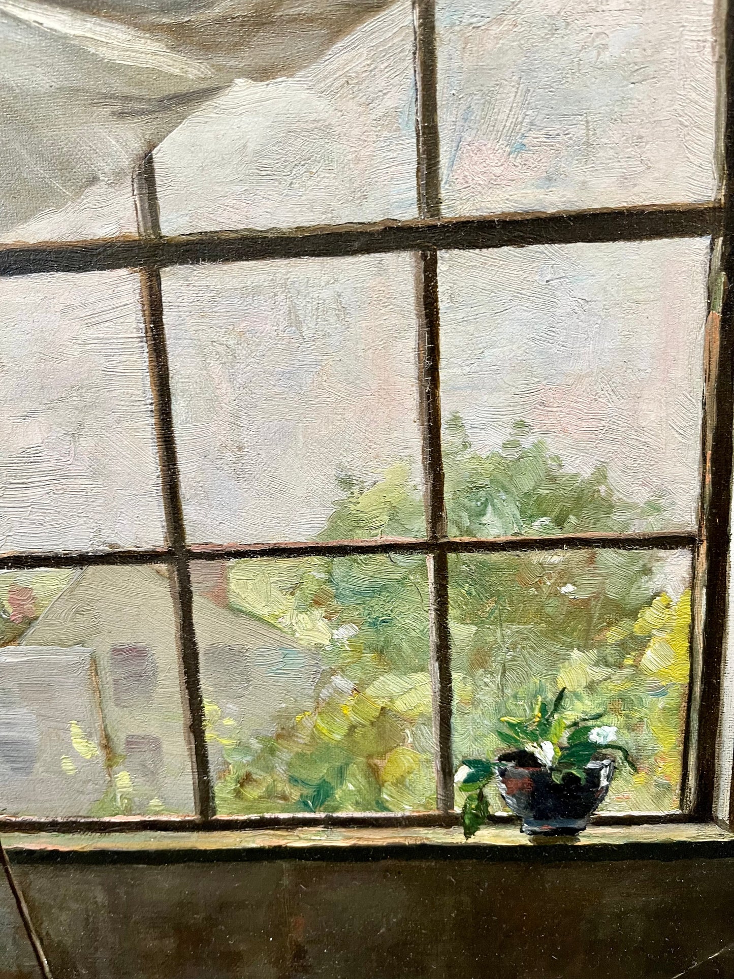 Clement Rollins Grant 19th Century Oil Painting of Woman with Yarn by Window