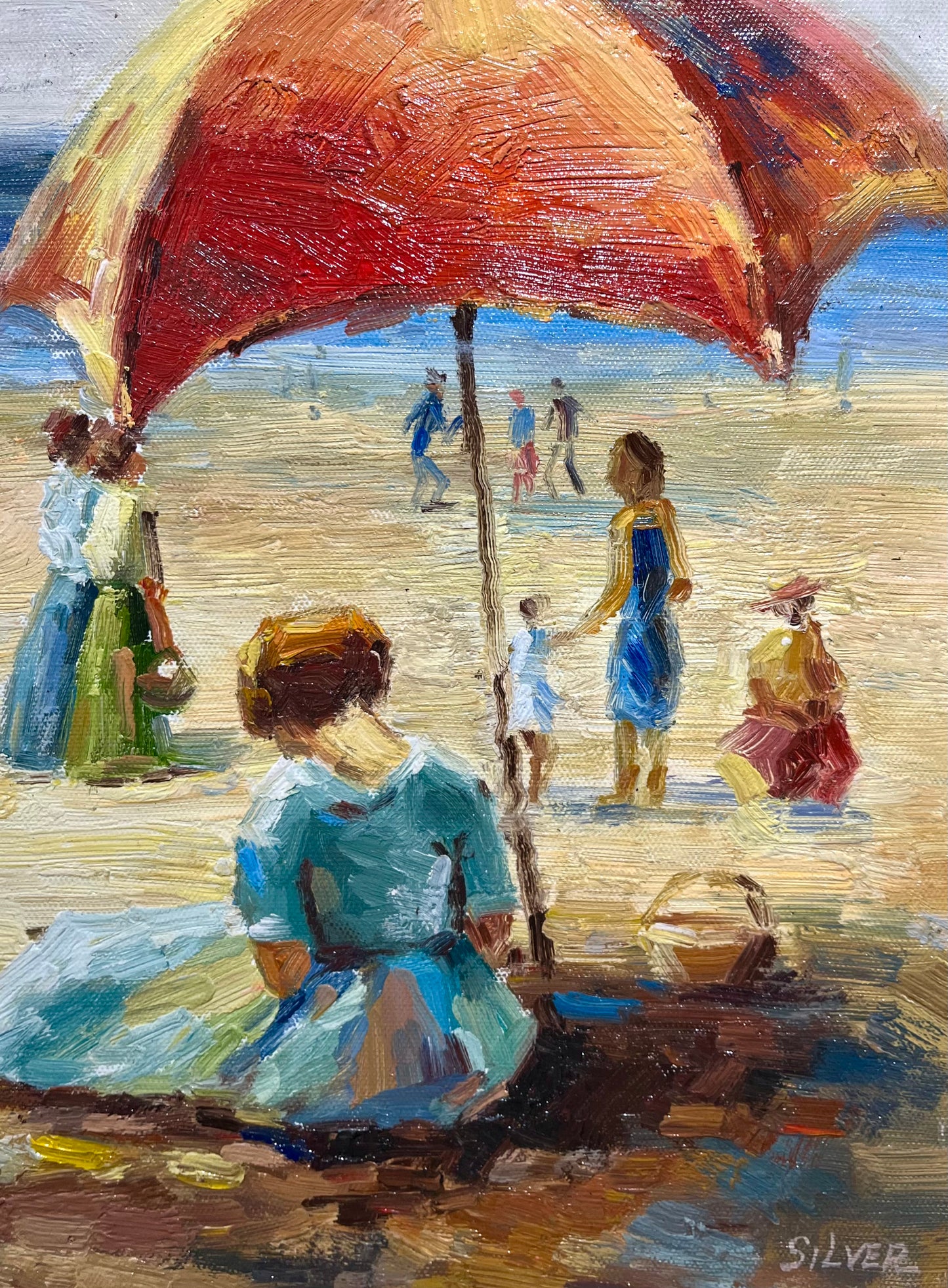 Impressionist 20th century Beach Scene Signed Silver
