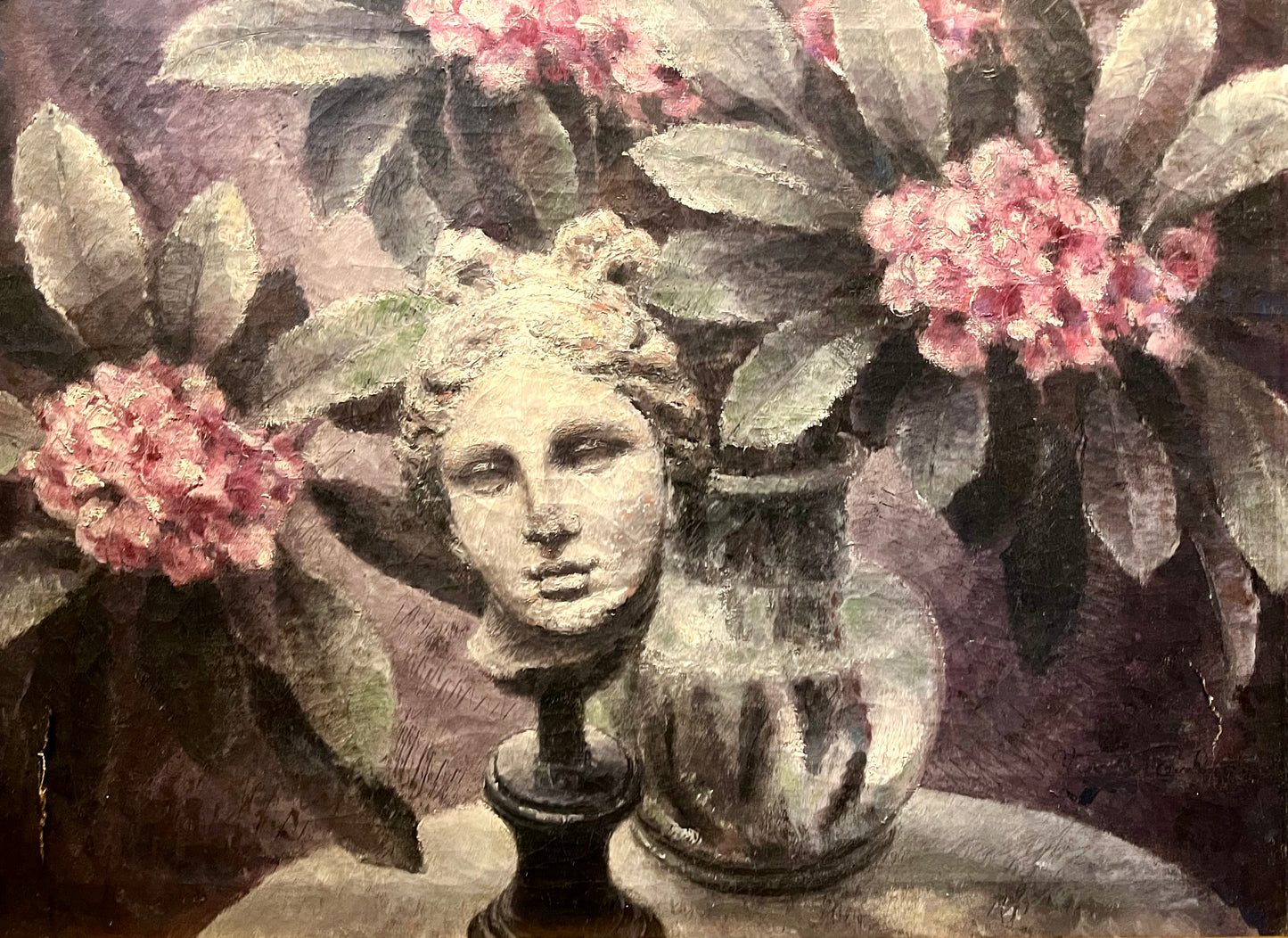 American School Oil Painting of Bust Statue and Flowers