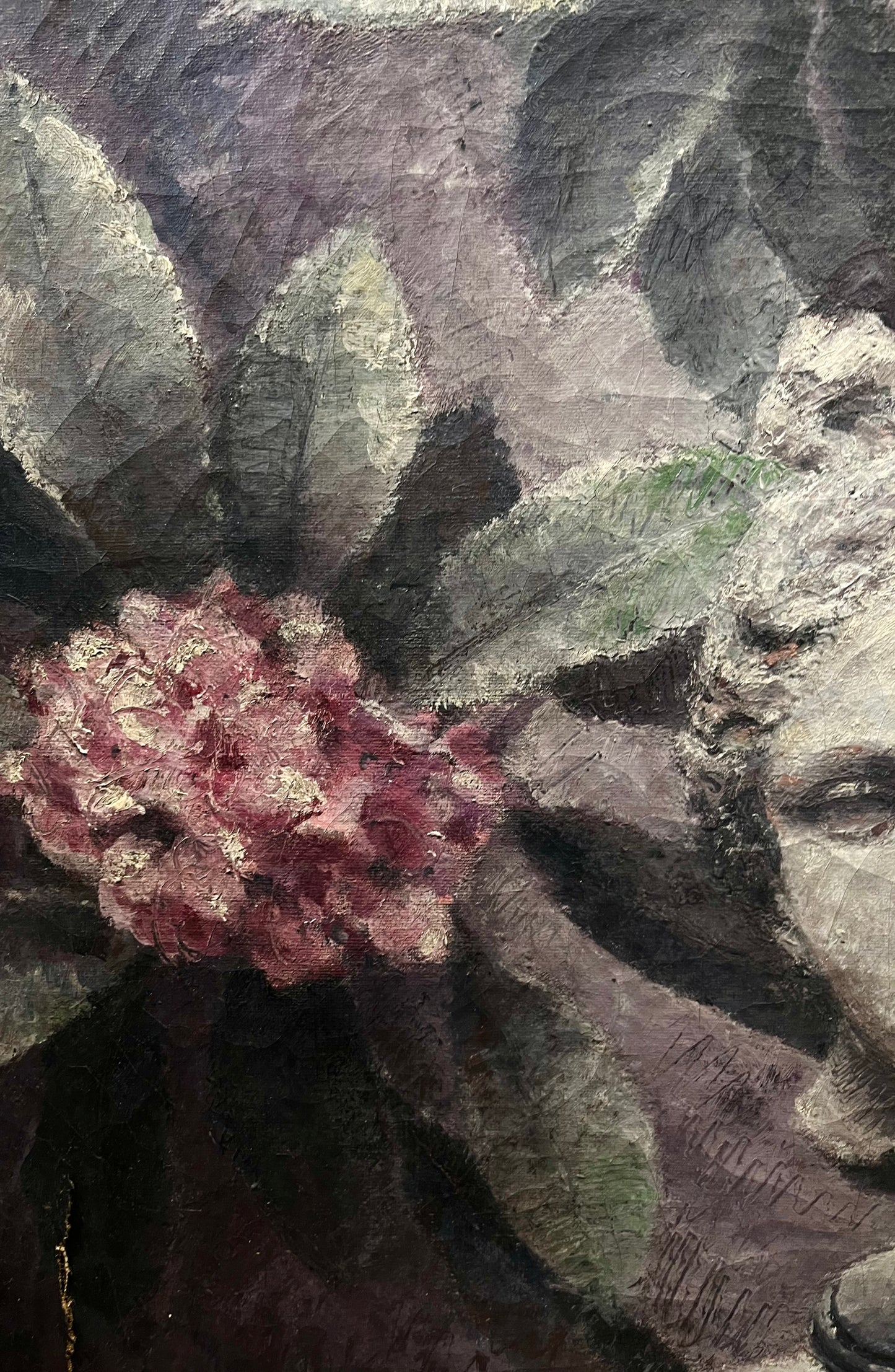 American School Oil Painting of Bust Statue and Flowers