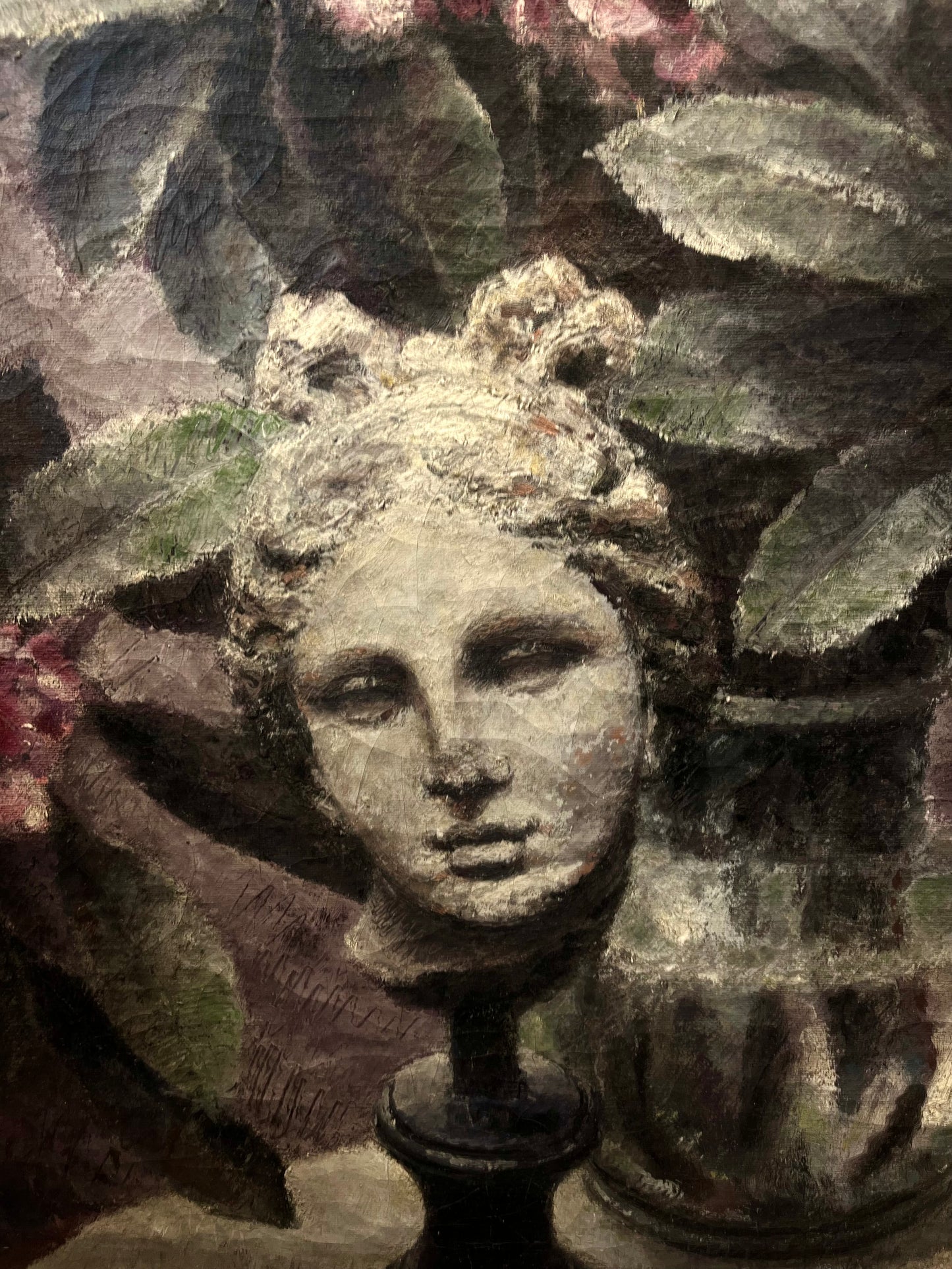 American School Oil Painting of Bust Statue and Flowers