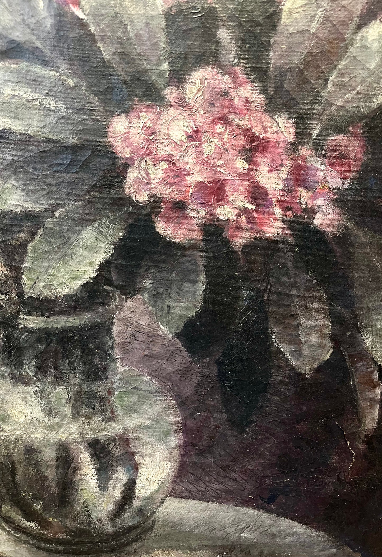 American School Oil Painting of Bust Statue and Flowers