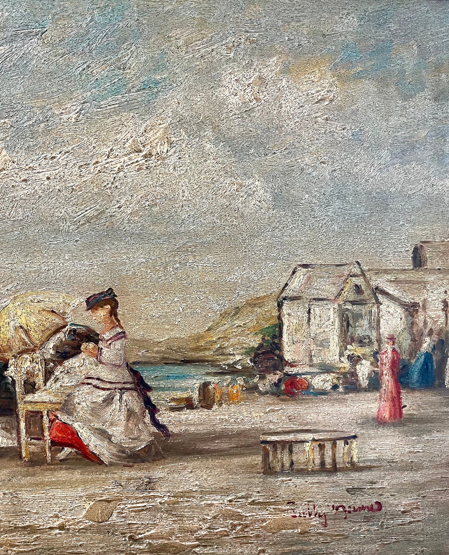 After Eugene Louis Boudin Impressionist Painting of People on Beach