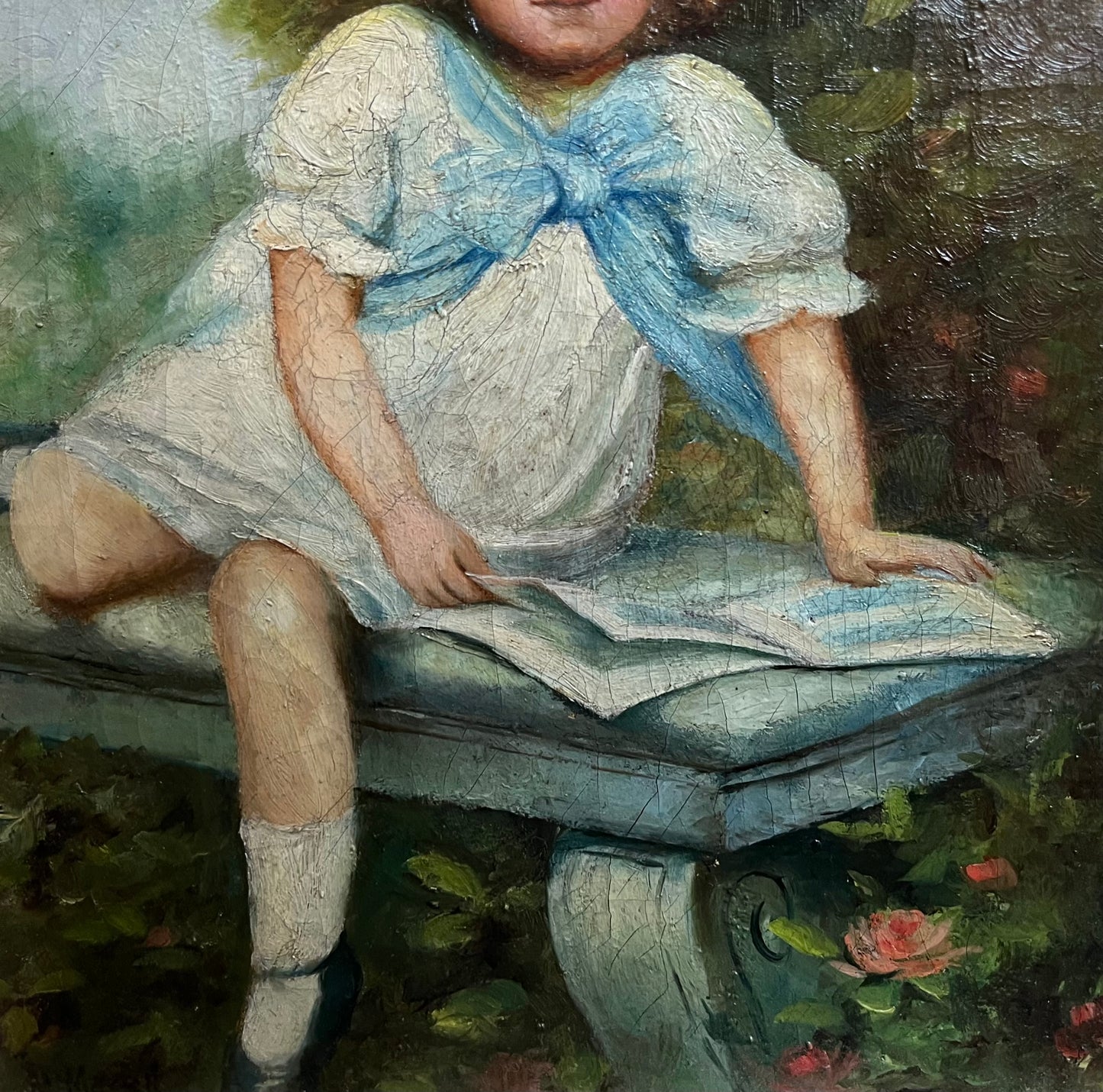 19th Century Signed Portrait of Little Girl with Blue Bow