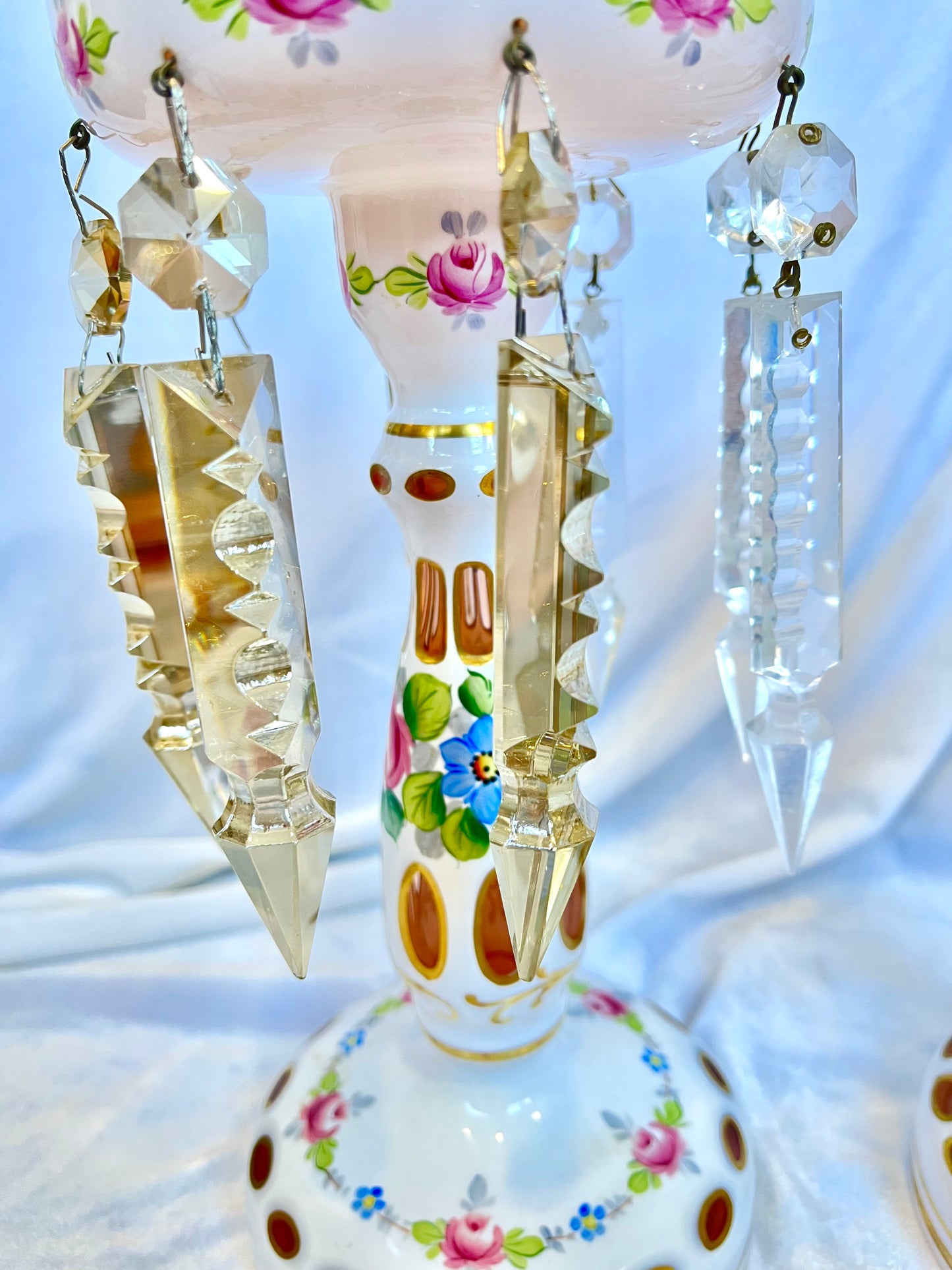 Victorian Art Glass Candlestick Lusters with Crystal Prisms
