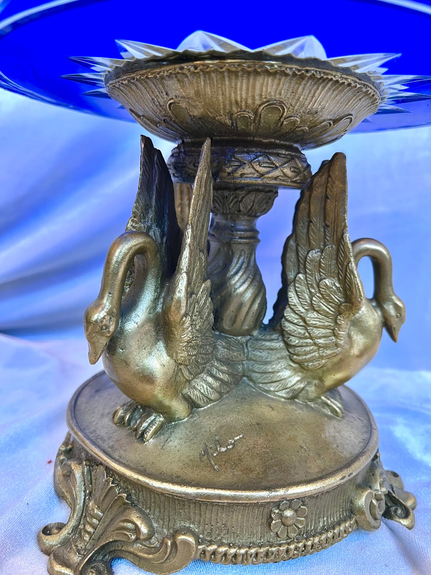 French Empire Ormolu Cut Glass Swan Dish Signed Milo