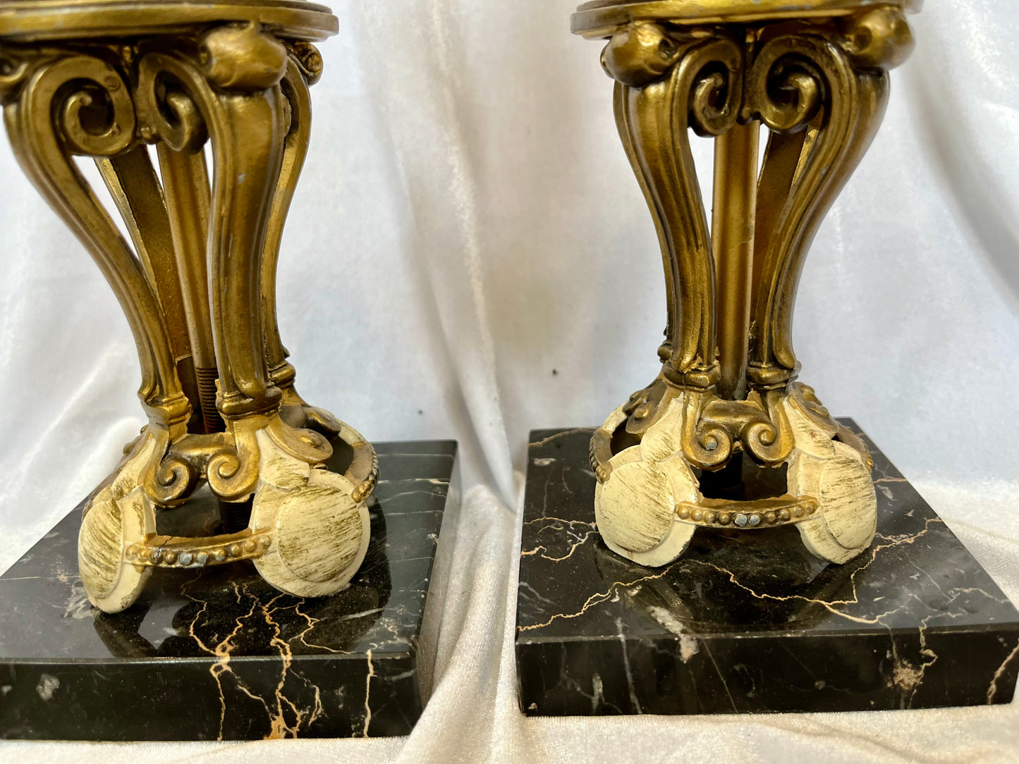 Pair of French Empire Painted Iron Candle Holders with Black Marble Base