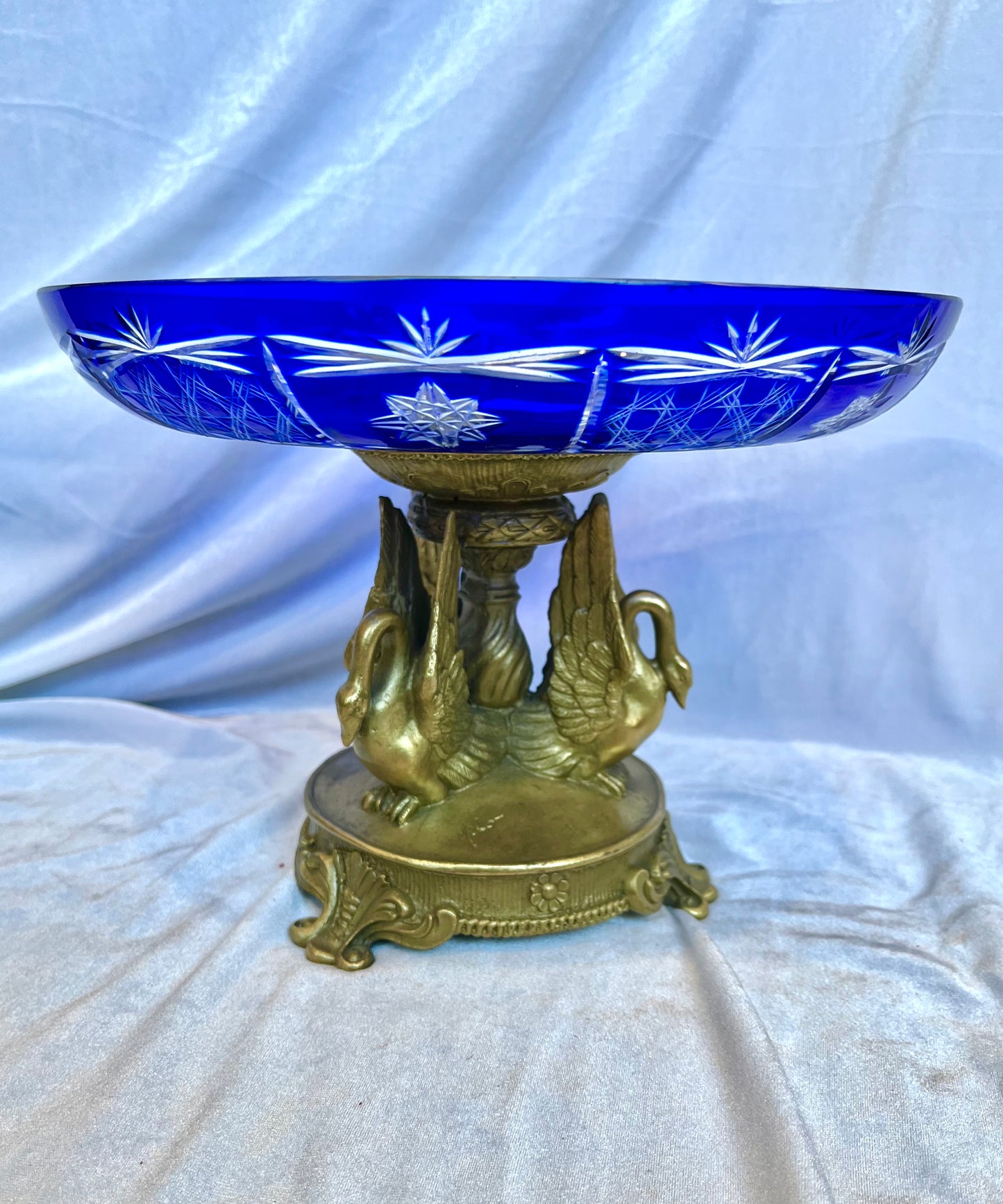 French Empire Ormolu Cut Glass Swan Dish Signed Milo