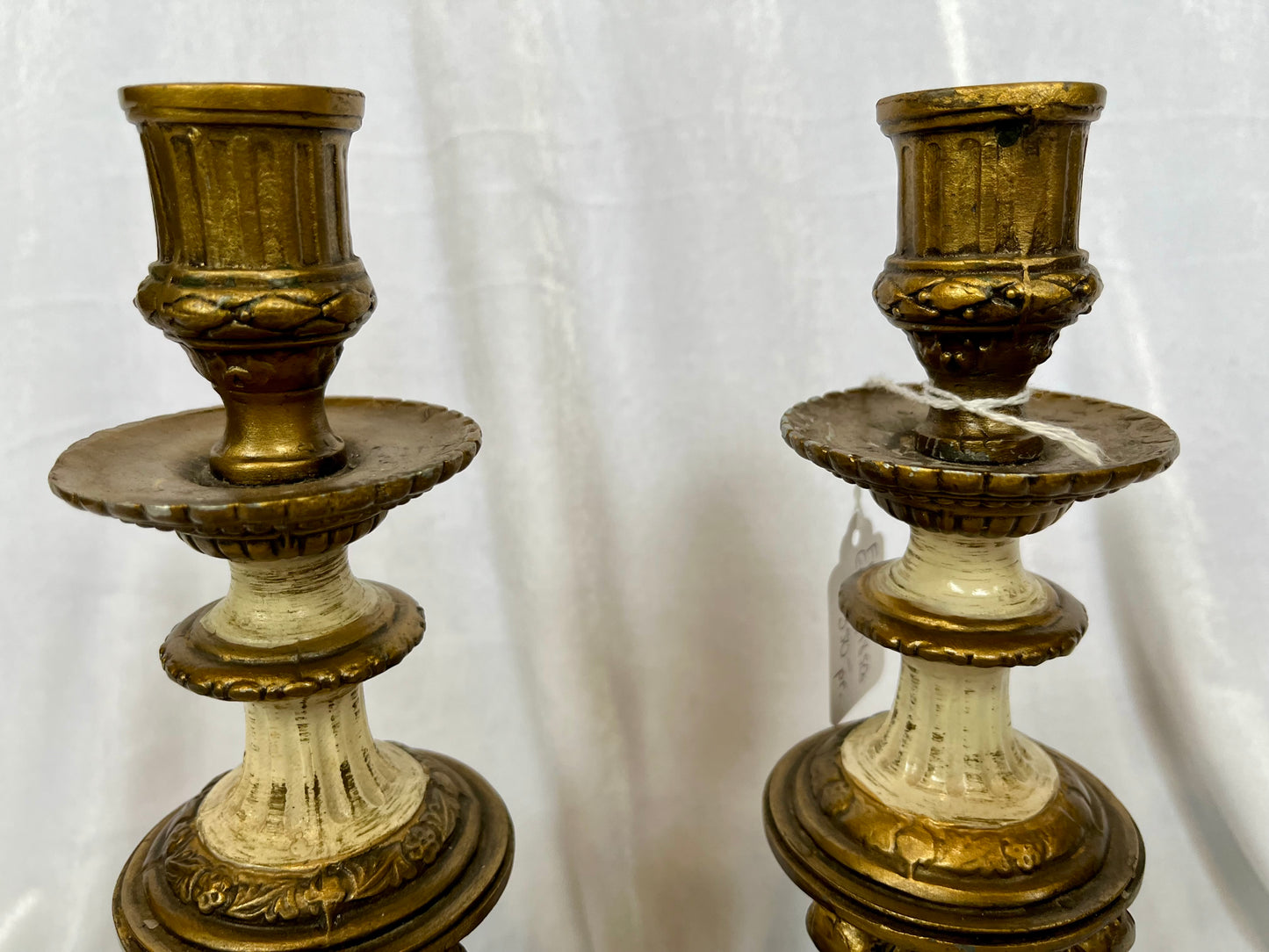 Pair of French Empire Painted Iron Candle Holders with Black Marble Base