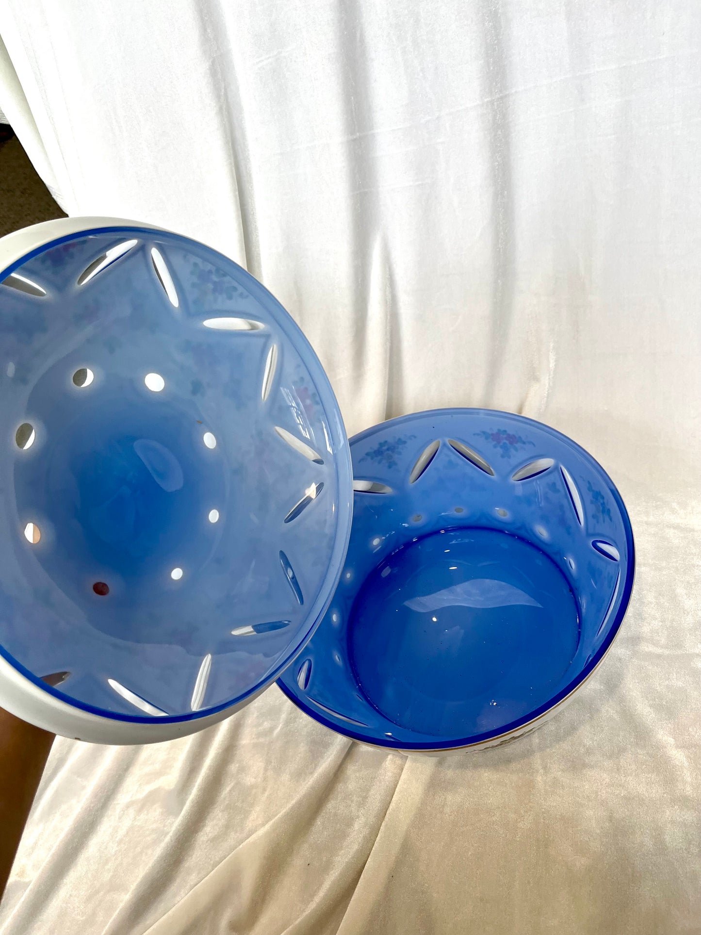 Czech Bohemian Blue to White Cut to Clear Glass Bowl with Lid