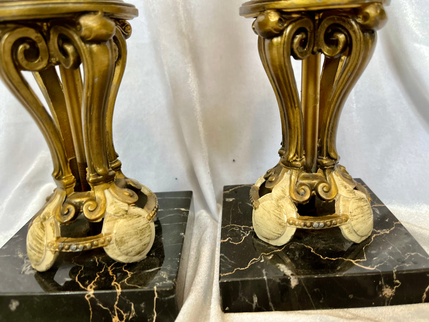 Pair of French Empire Painted Iron Candle Holders with Black Marble Base