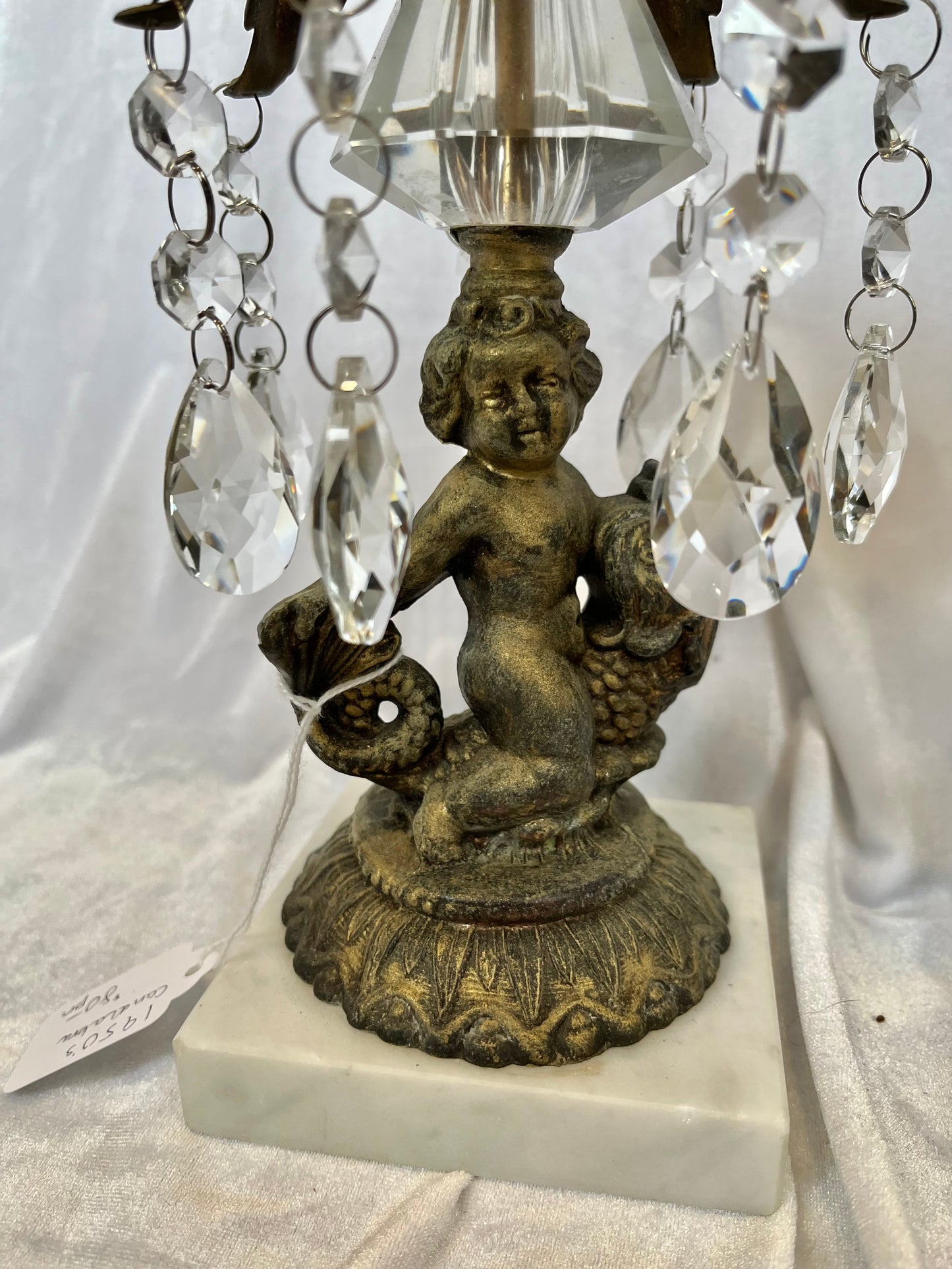 Pair 1950s Hollywood Regency Brass Cherub and Koi Candlabra