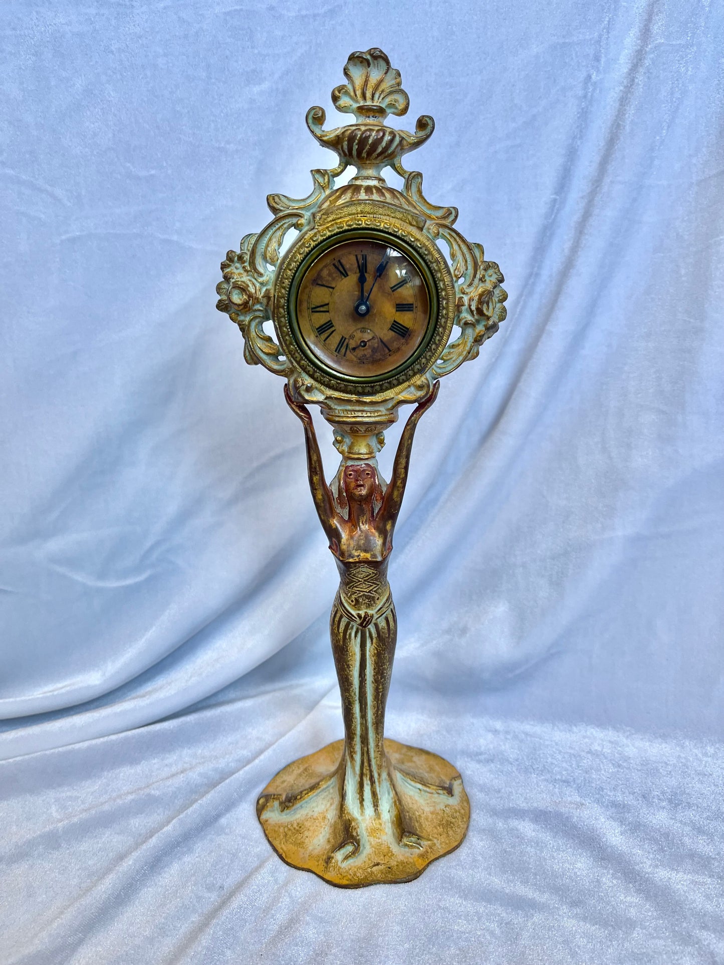 French Brass Desk Clock with Woman