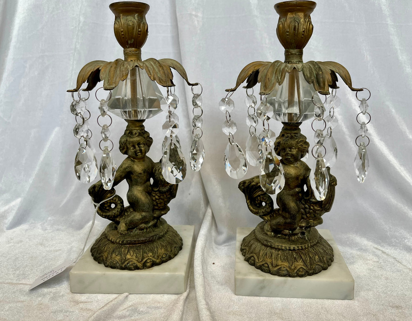 Pair 1950s Hollywood Regency Brass Cherub and Koi Candlabra