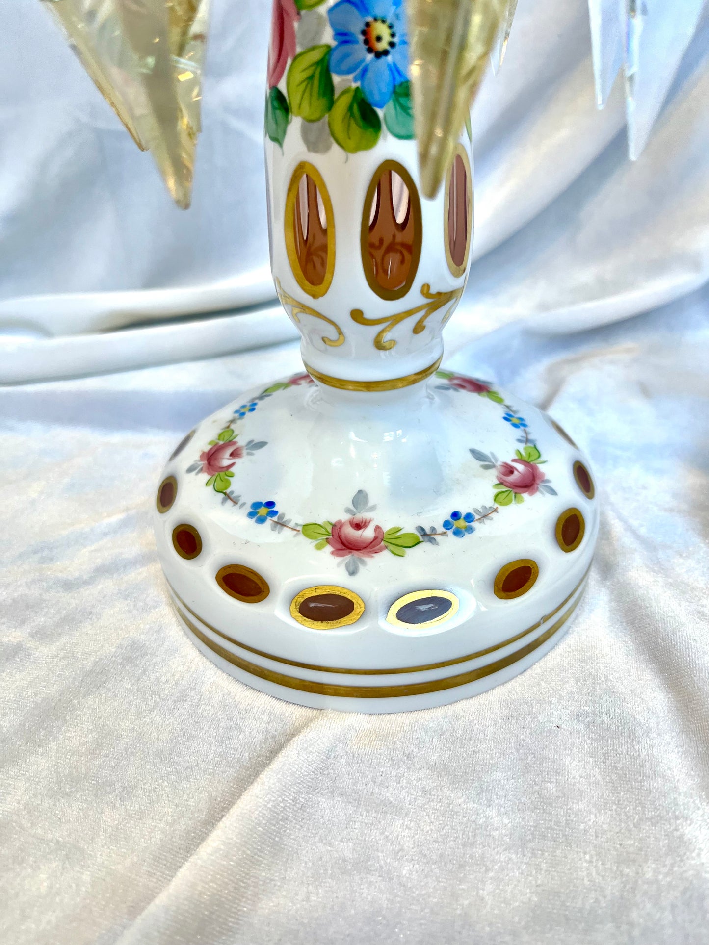 Victorian Art Glass Candlestick Lusters with Crystal Prisms