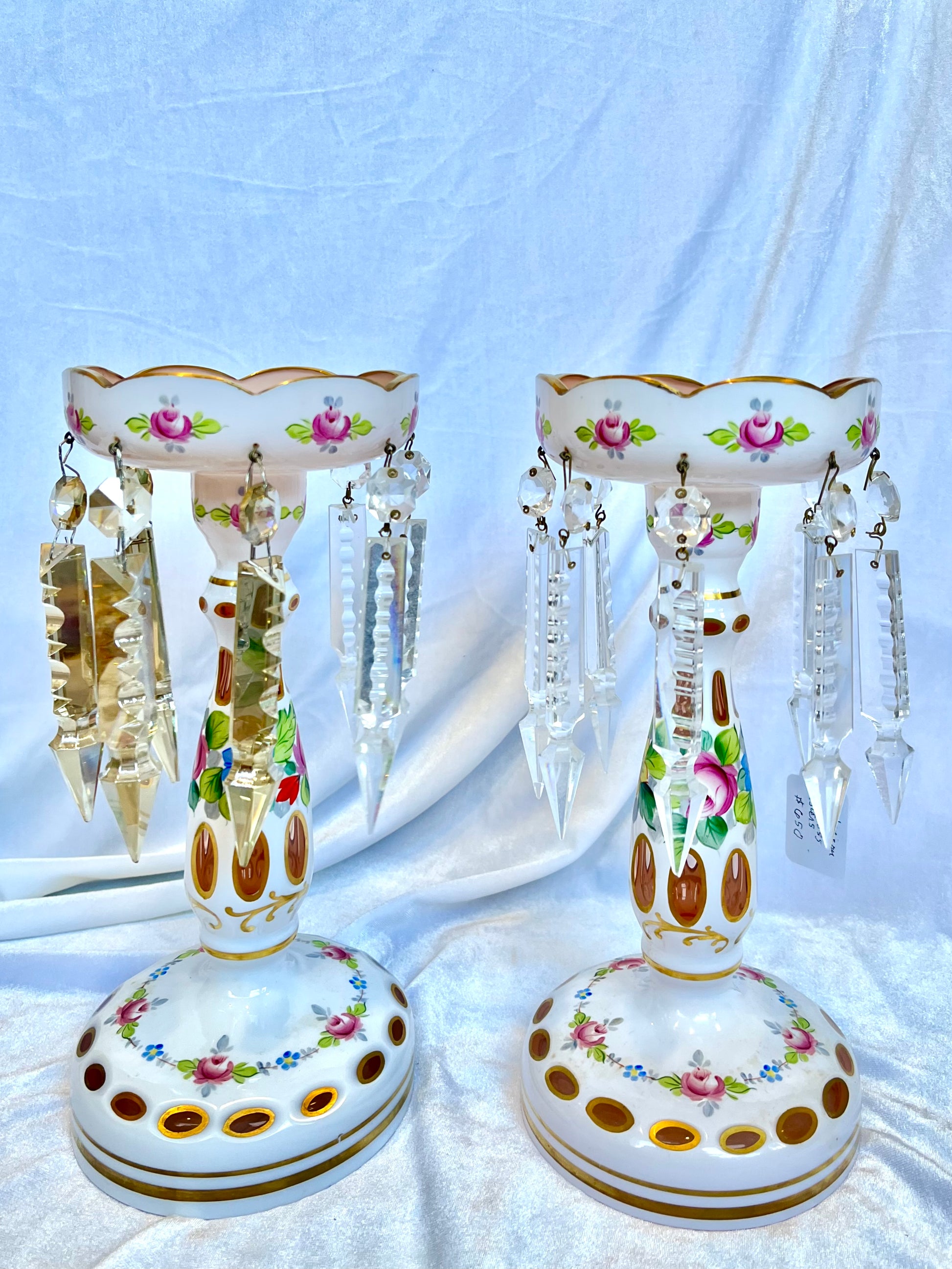 Victorian Art Glass Candlestick Lusters with Crystal Prisms