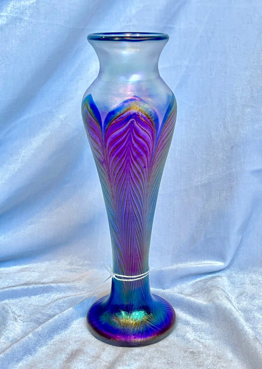 Zellique Studio Art Glass Pulled Feather Purple Iridescent Vase