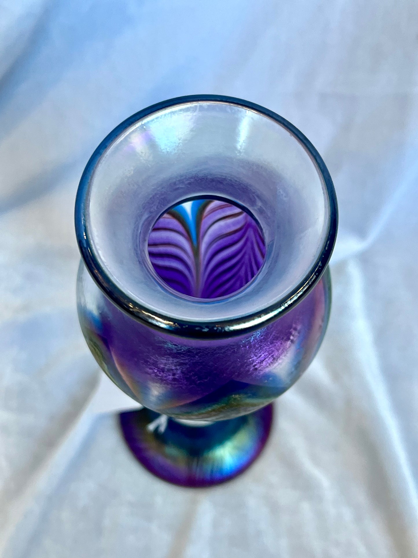 Zellique Studio Art Glass Pulled Feather Purple Iridescent Vase