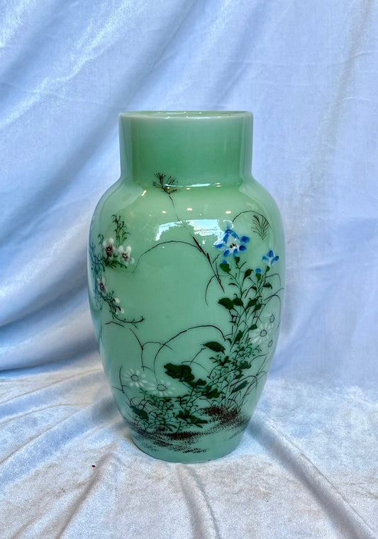 Green Floral Japanese Seto Vase