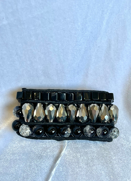 3 Row Black Gemstone Beaded Cuff