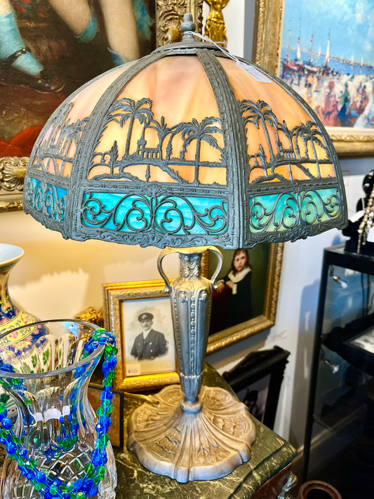 Antique Art Noveau Slag Glass Table Lamp with Palm Tree Shade