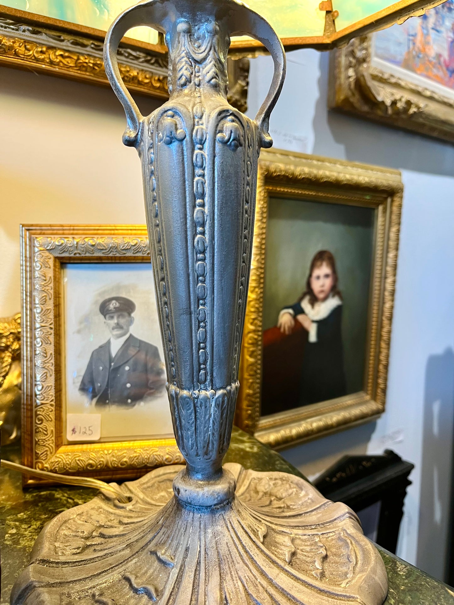 Antique Art Noveau Slag Glass Table Lamp with Palm Tree Shade