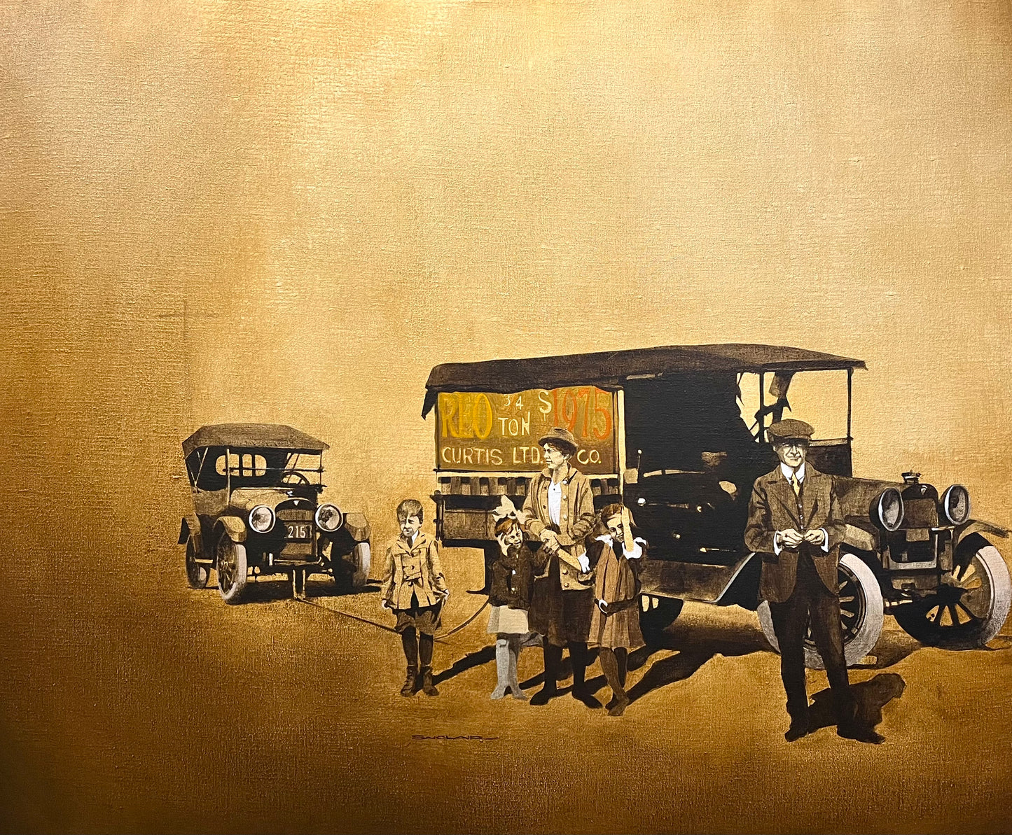 Photorealist 1970s Painting of Family and Car by Tony Sinclair