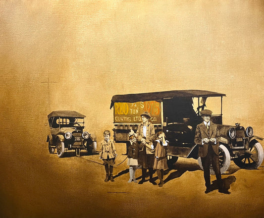 Photorealist 1970s Painting of Family and Car by Tony Sinclair