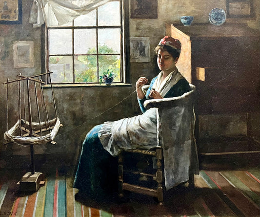 Clement Rollins Grant 19th Century Oil Painting of Woman with Yarn by Window