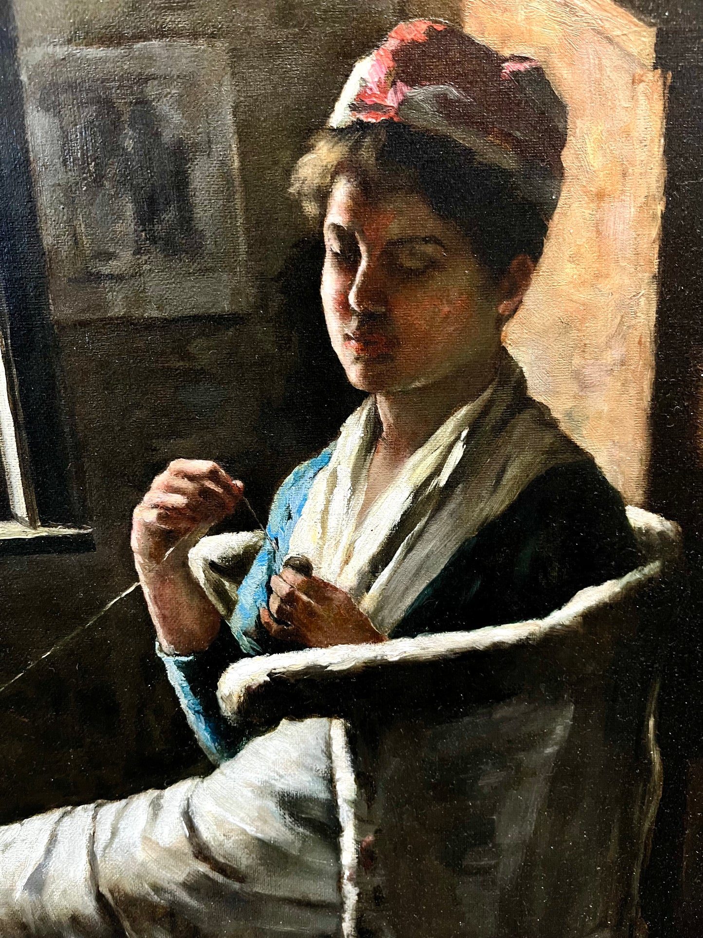 Clement Rollins Grant 19th Century Oil Painting of Woman with Yarn by Window