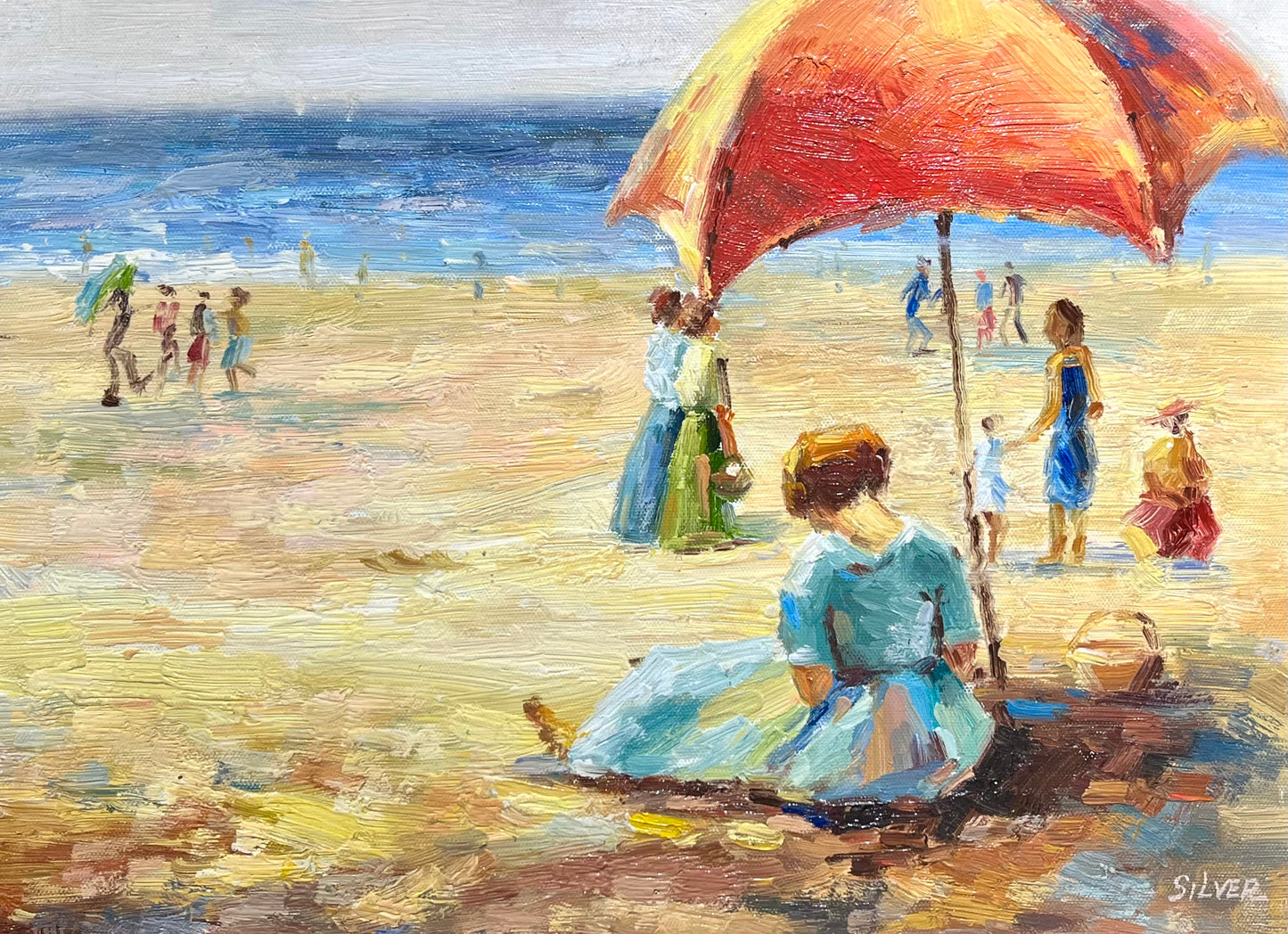 Impressionist 20th century Beach Scene Signed Silver