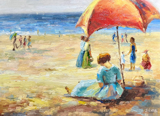 Impressionist 20th century Beach Scene Signed Silver