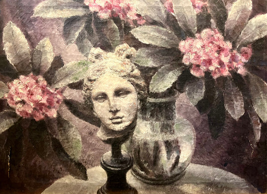 American School Oil Painting of Bust Statue and Flowers