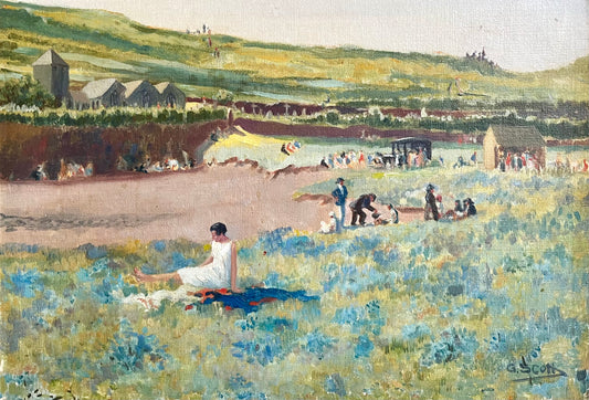 Oil Landscape of People Sitting In Field by George Scott
