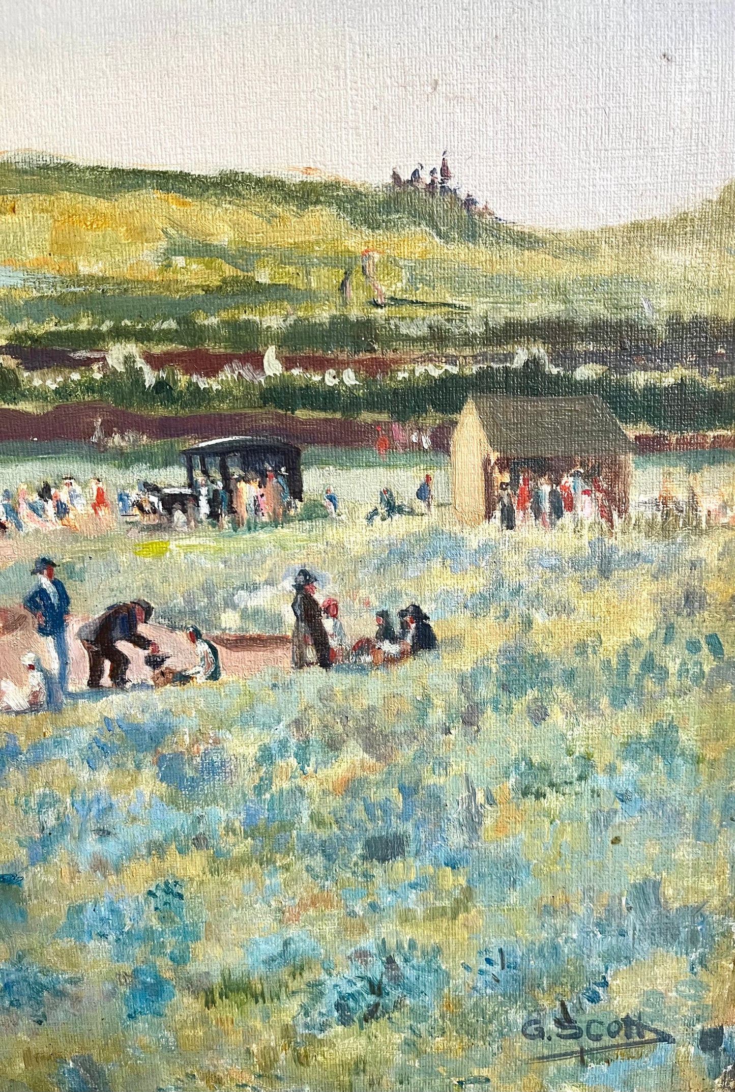 Oil Landscape of People Sitting In Field by George Scott