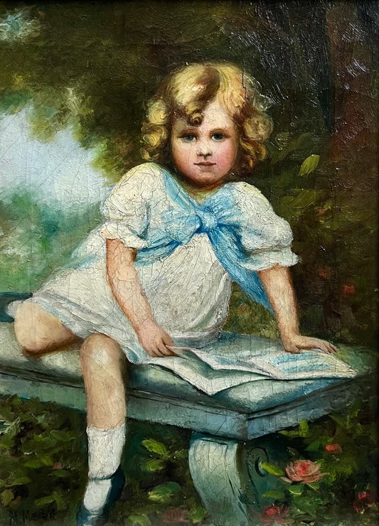 19th Century Signed Portrait of Little Girl with Blue Bow