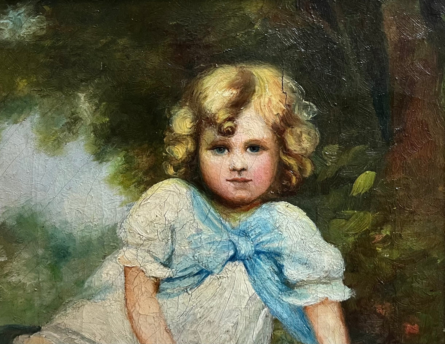 19th Century Signed Portrait of Little Girl with Blue Bow