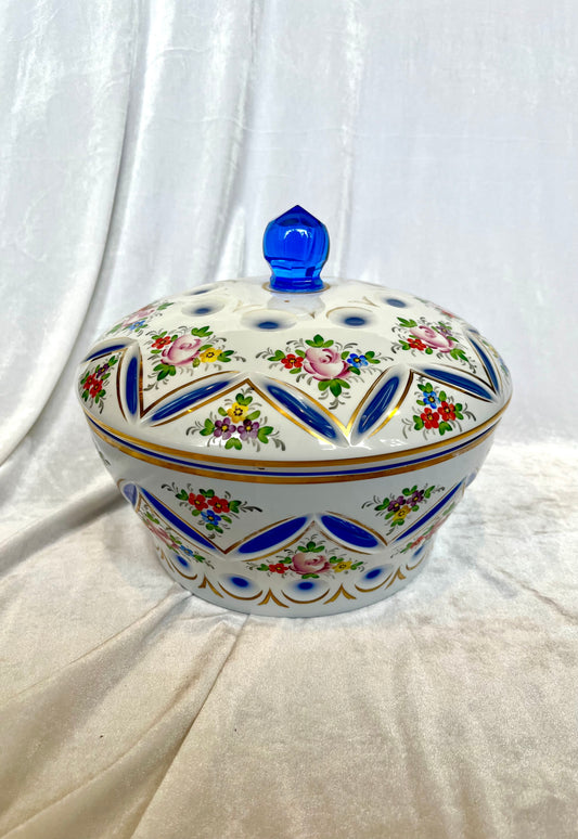 Czech Bohemian Blue to White Cut to Clear Glass Bowl with Lid