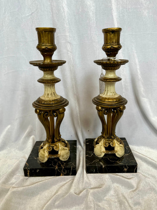 Pair of French Empire Painted Iron Candle Holders with Black Marble Base