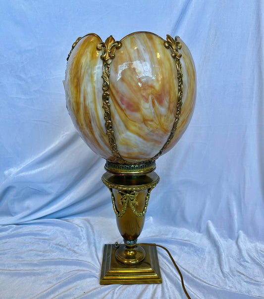 Slag Glass Brass Lamp with Fleur de Lis and Bows