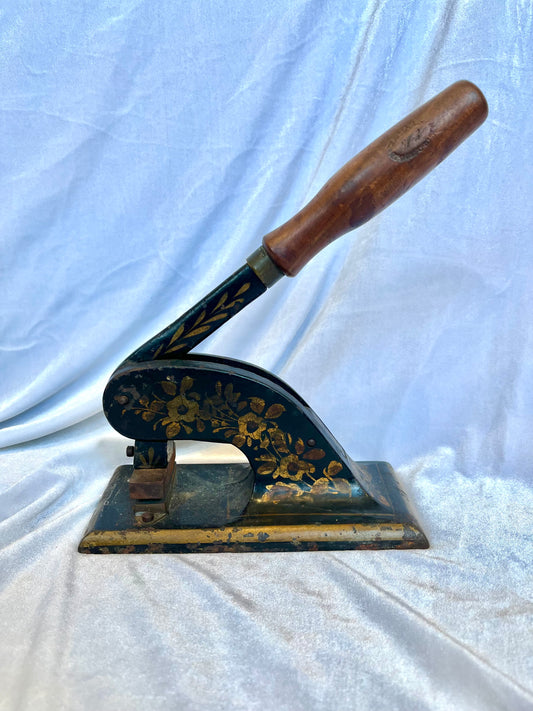Cast Iron Postal Stamp Embosser with Gold Floral Design