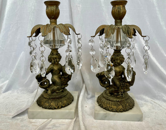 Pair 1950s Hollywood Regency Brass Cherub and Koi Candlabra
