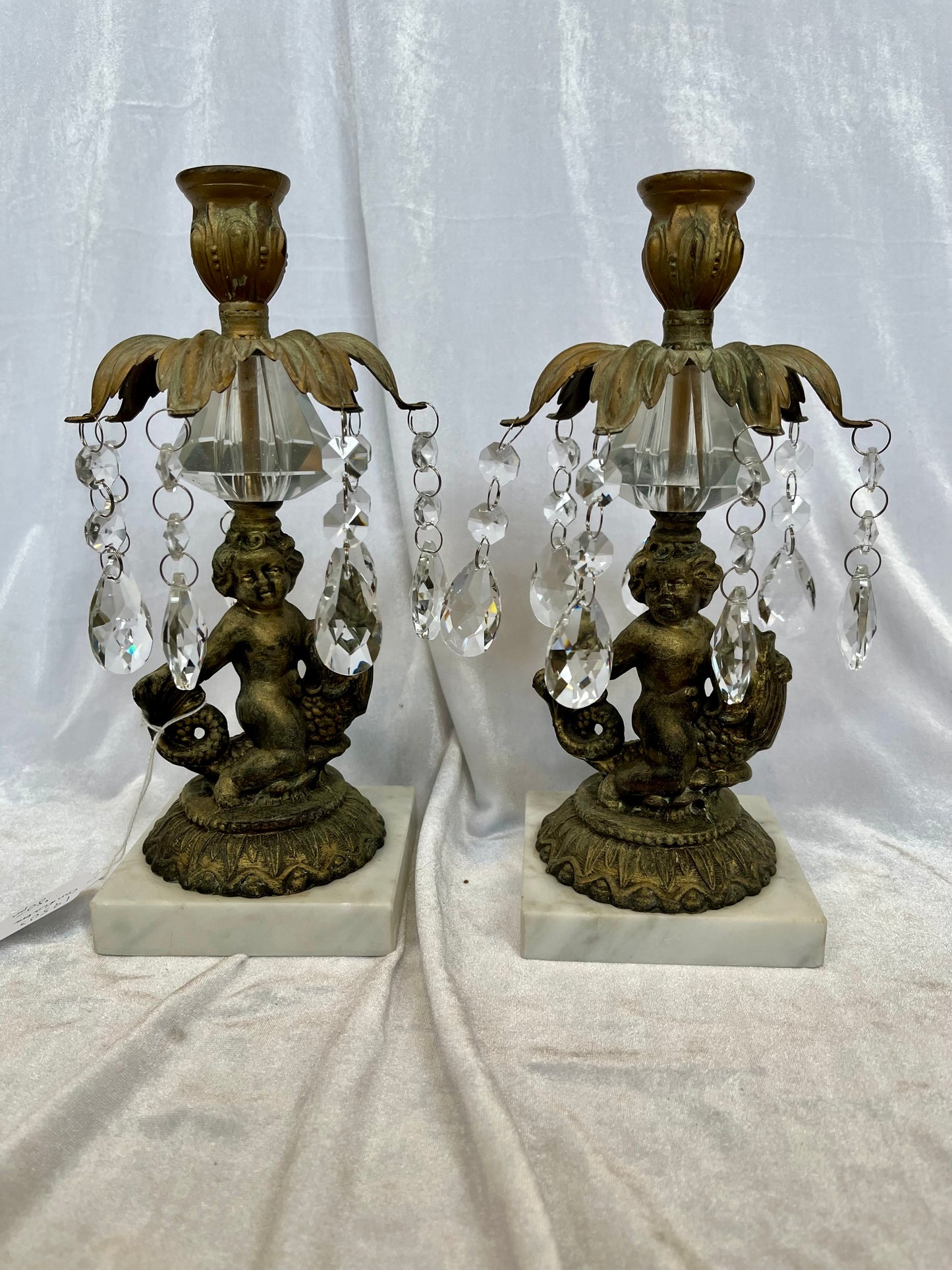 Pair 1950s Hollywood Regency Brass Cherub and Koi Candlabra